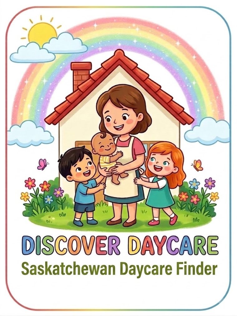 Discover Daycare — Saskatchewan Daycare Finder: an educator holding a baby with two children outside a house under a rainbow